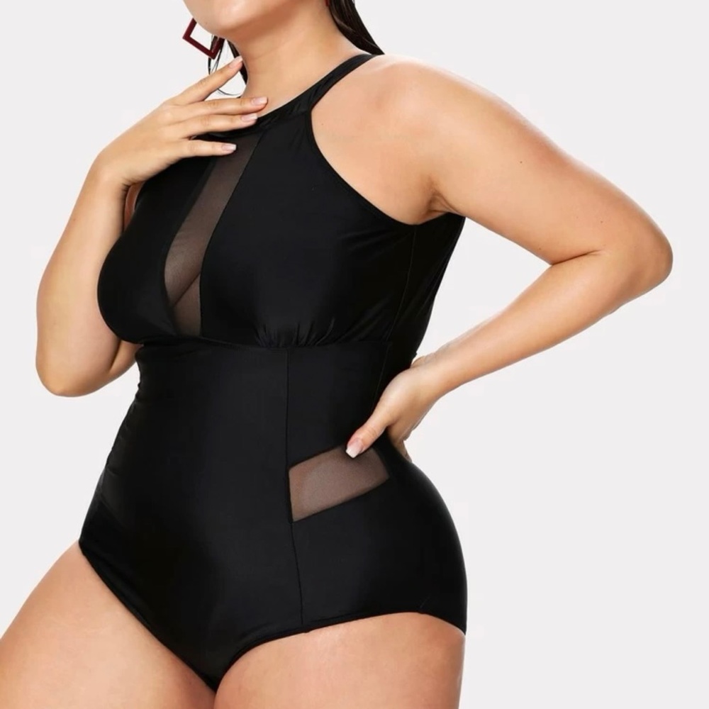SHEIN CURVE Black Sleek Cutout Bathing Swimsuit